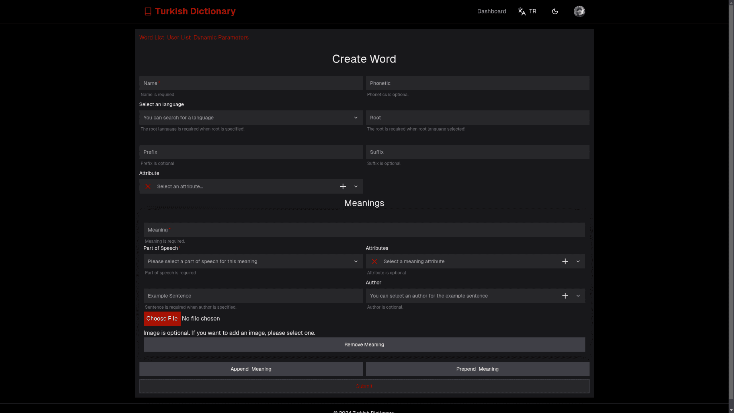 Turkish Dictionary Dashboard Add Word Page Preview