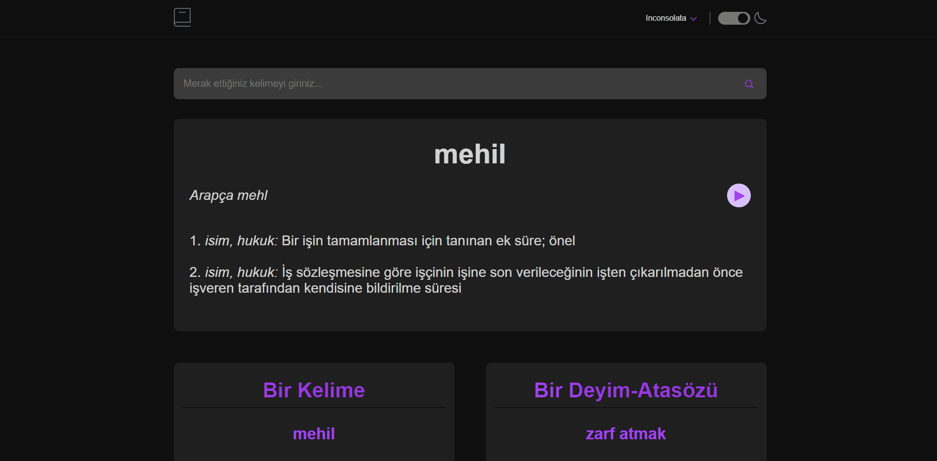 Turkish Dictionary Word Page Dark Preview